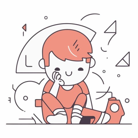 Cute little boy sitting and thinking. Vector line art illustrati