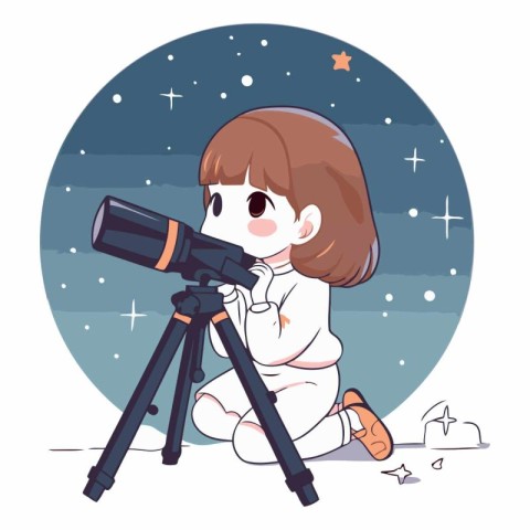 Cute little girl looking through a telescope at night.