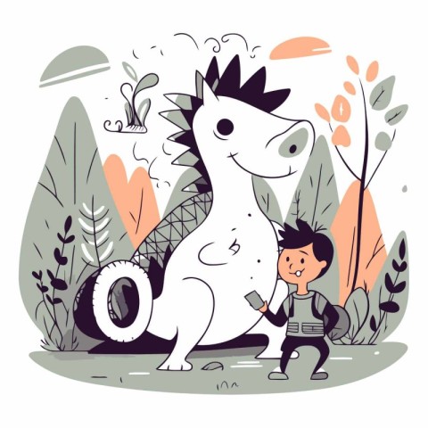 Vector illustration of a little boy riding a horse in the park.