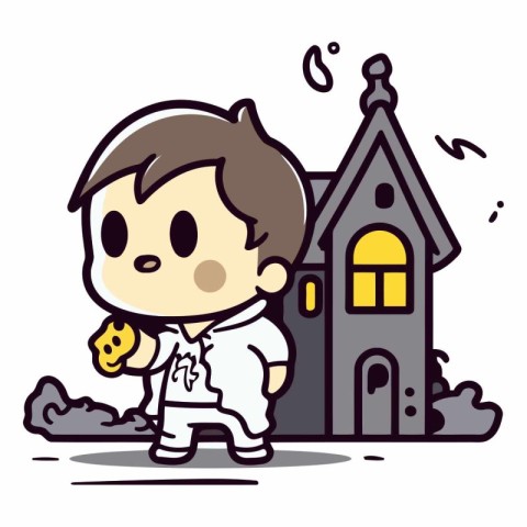 Cute little boy and haunted house in cartoon style.