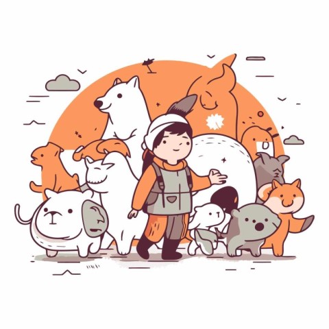 Cute little boy playing with dogs in cartoon style.