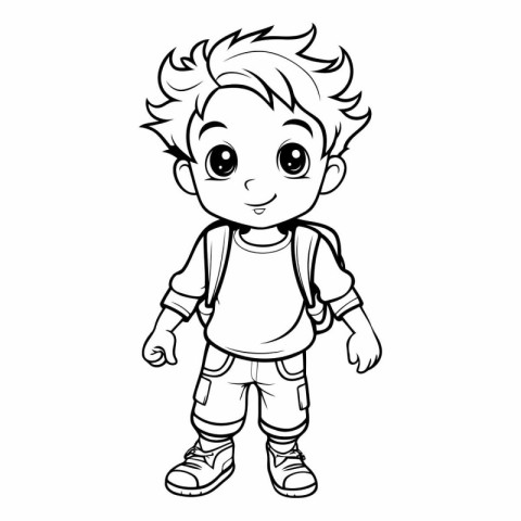 Cute boy with backpack for coloring book or page.