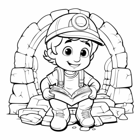 Coloring Page Outline Of a Little Boy in a Miner Helmet Reading