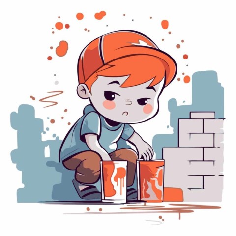 Cute boy with paint bucket in cartoon style.