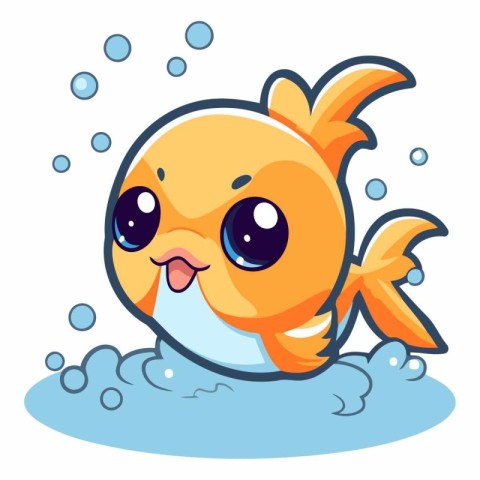 Cute cartoon goldfish swimming in the sea.