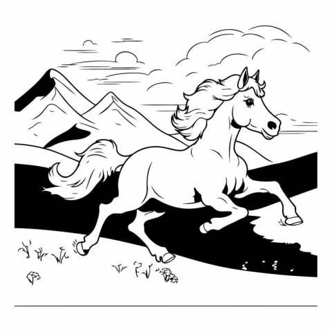 Black and white illustration of a unicorn running on the road wi