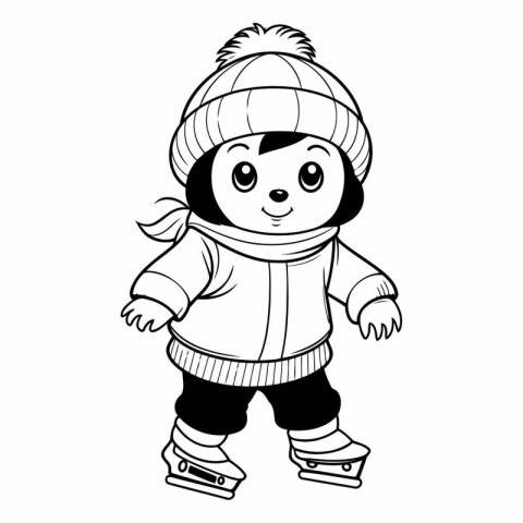 Little girl skating on the ice. Black and white vector illustrat