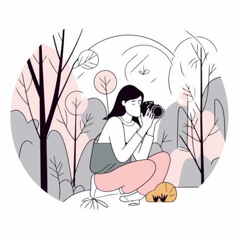 Girl with camera in nature in a flat style.