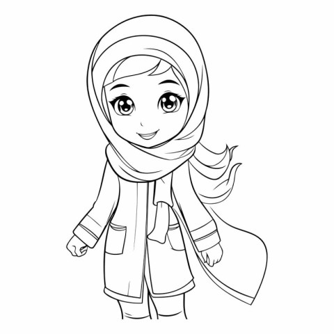 Cute muslim girl in hijab for coloring book.