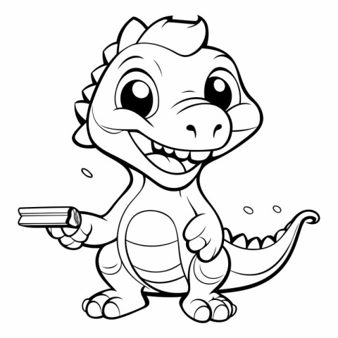 Dinosaur holding a gun - Black and White Cartoon Illustration. V