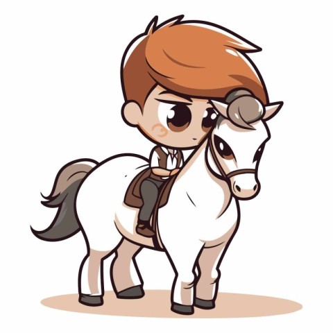 Cute boy riding a horse on white background.