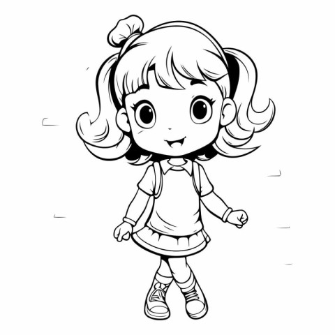 Black and White Cartoon Illustration of Cute Little Girl Charact