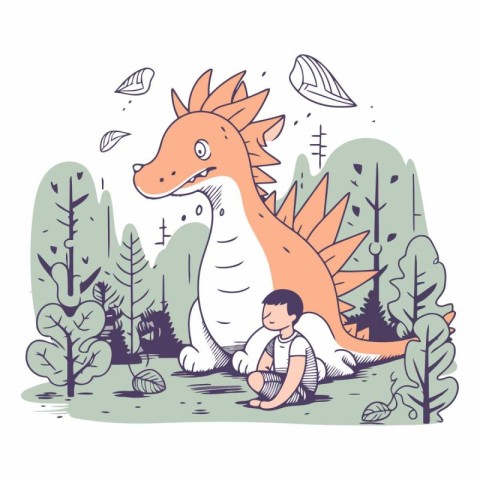 Vector illustration of a boy playing with a dinosaur in the park