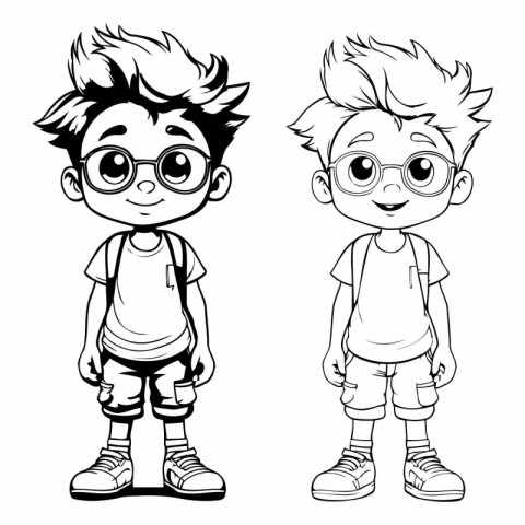 Cute boy and girl cartoon black and white vector illustration gr