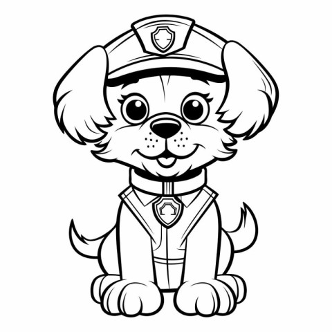 Black and White Cartoon Illustration of Cute Puppy Police Dog Ma