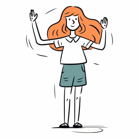 Young woman with red hair waving hand in doodle style.