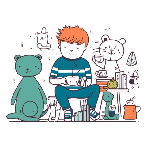 Boy with a cup of tea in doodle style.