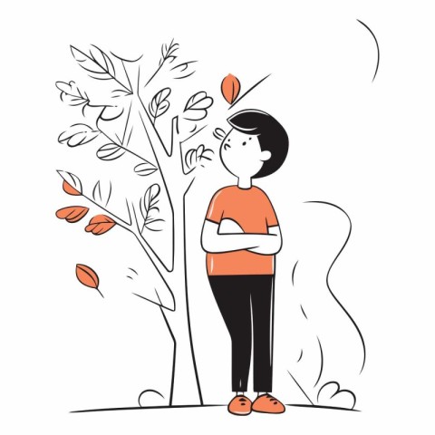 Vector illustration of a young man standing near a tree and thin