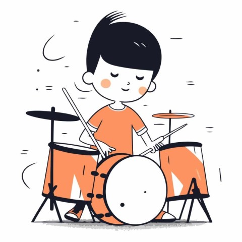 Boy playing drums. Cute hand drawn vector illustration in cartoo