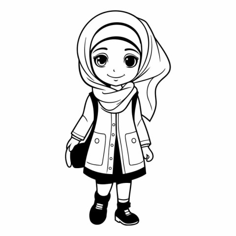 cute little muslim girl with backpack cartoon vector illustratio