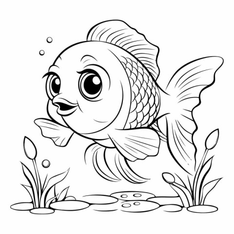 Black and White Cartoon Illustration of Cute Fish Animal Charact