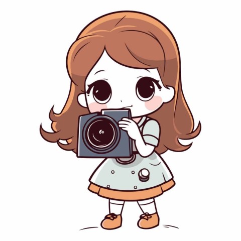 Cute little girl taking a picture with a camera.