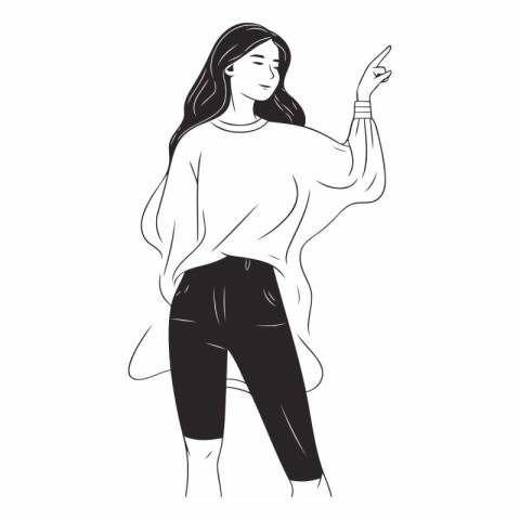 Vector illustration of a girl in a sweater pointing to the side.