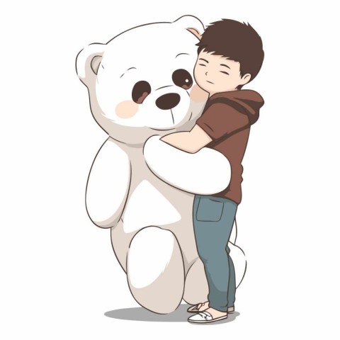 Cute little boy hugging a big white bear.