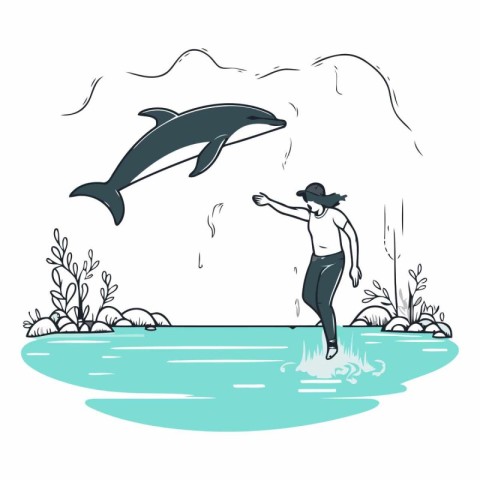 Dolphin jumping out of the water. Hand drawn vector illustration