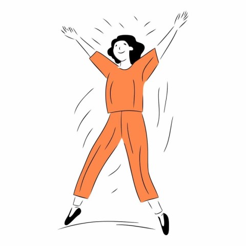 Happy young woman jumping with hands up. Hand drawn vector illus