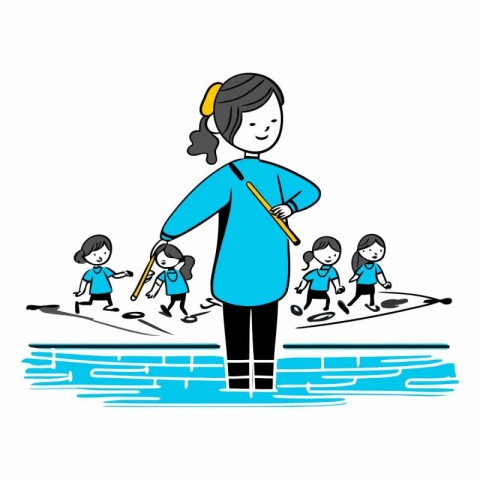 Illustration of a woman teaching children to walk in the park.