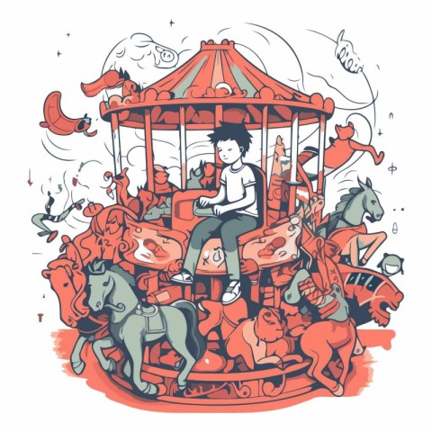 Hand drawn vector illustration of a vintage carousel with people