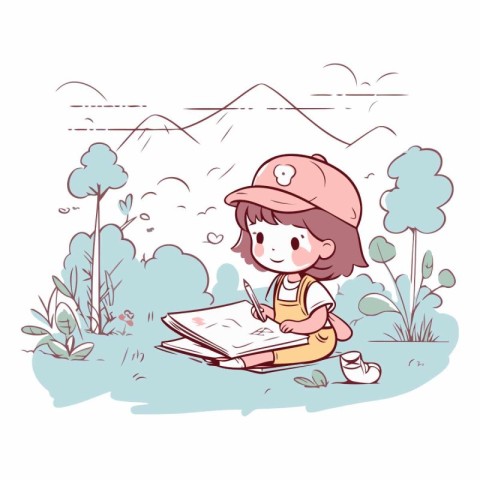 Illustration of a little girl drawing in the park.