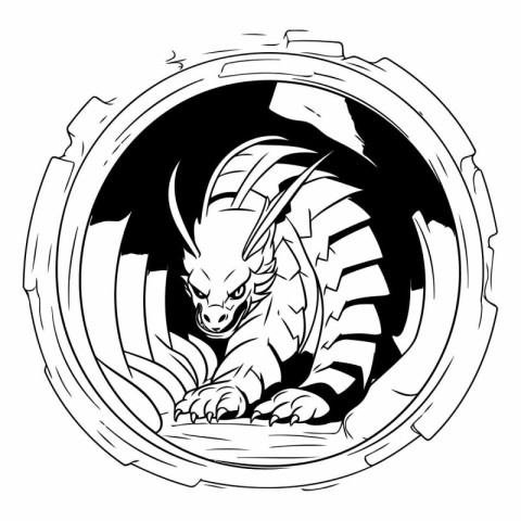 dragon in a round frame on a black background.