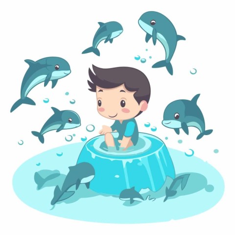 Boy playing with dolphins in a pool. Cute cartoon vector illustr