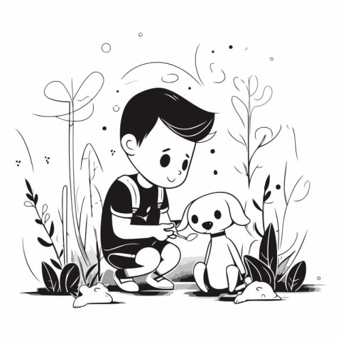 Boy playing with a dog in the park. Black and white vector illus