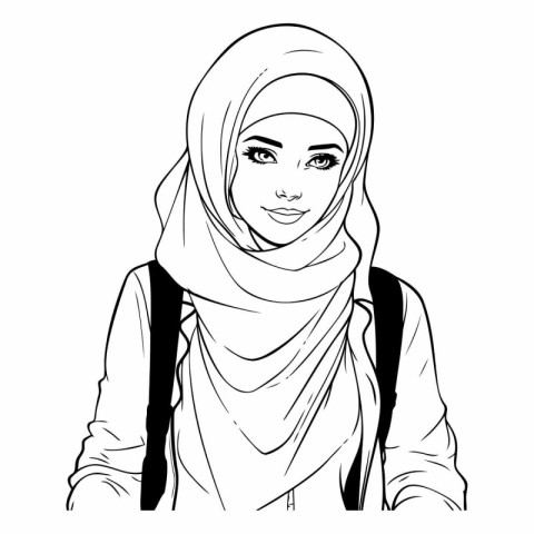 Hijab girl with backpack in black and white.