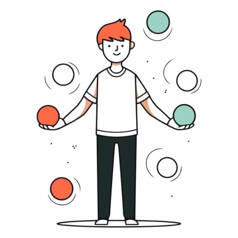 Man juggling balls in linear style on white background.