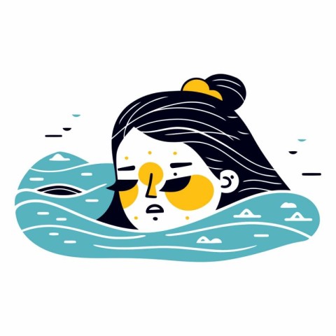 Vector illustration of a woman in the sea. The girl washes her f