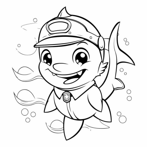 Black and White Cartoon Illustration of Cute Shark Animal Charac