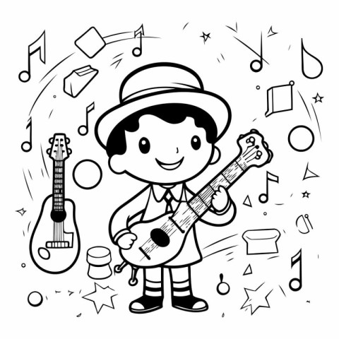 Coloring Page Outline Of cartoon boy playing guitar.