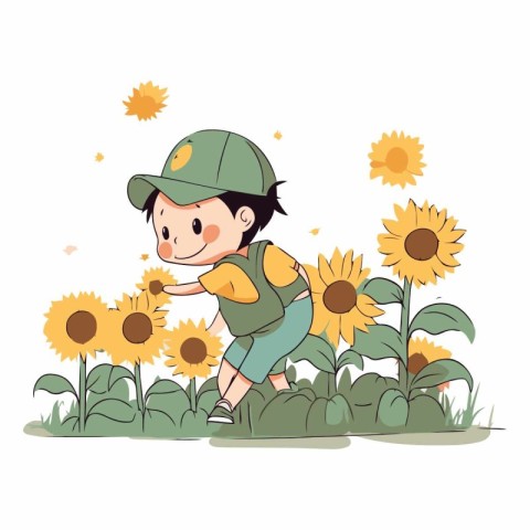 Boy in a field of sunflowers. Cute vector illustration.