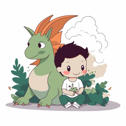 cute little boy with dragon and plant vector illustration graphi