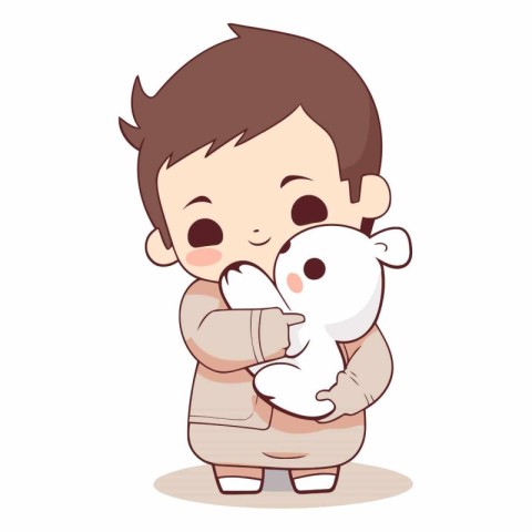 Cute little boy holding a white bear. Vector cartoon illustratio