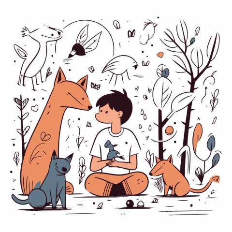 Vector illustration of a boy playing with cat and dog in the for