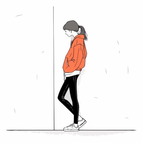 Young woman walking in the rain. Vector hand drawn illustration