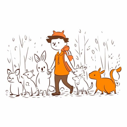 Cute hand drawn vector illustration of a boy walking with his pe