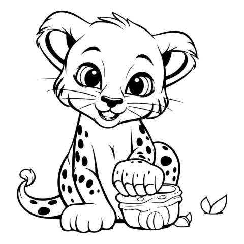 Black and White Cartoon Illustration of Cute Leopard Animal Char