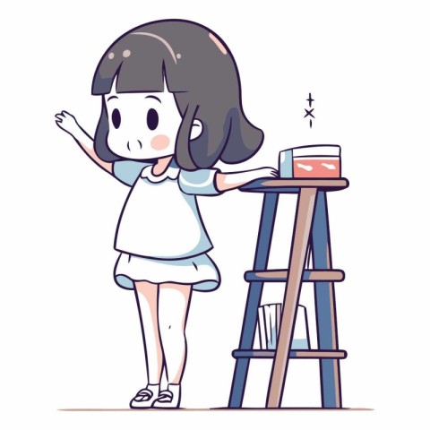 Girl in school uniform standing on a ladder and holding books.