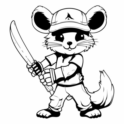 Vector illustration of a cartoon mouse in a cap and with a sword